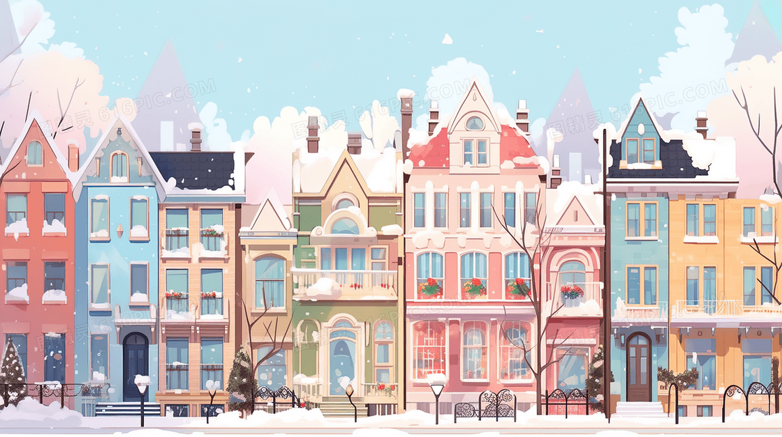下雪天城市街道建筑风景插画