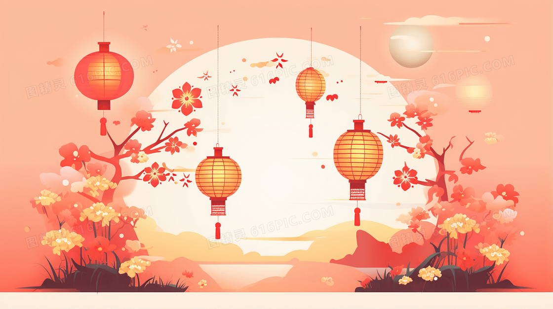 粉色花朵树木和灯笼春节山水风景插画