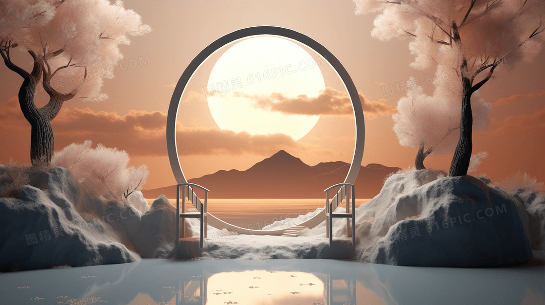 明月古典圆形展示框山水概念图片