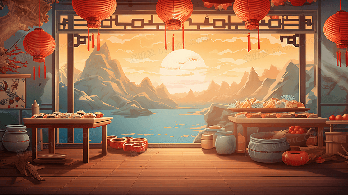 中国古代阁楼里的春节年夜饭插画