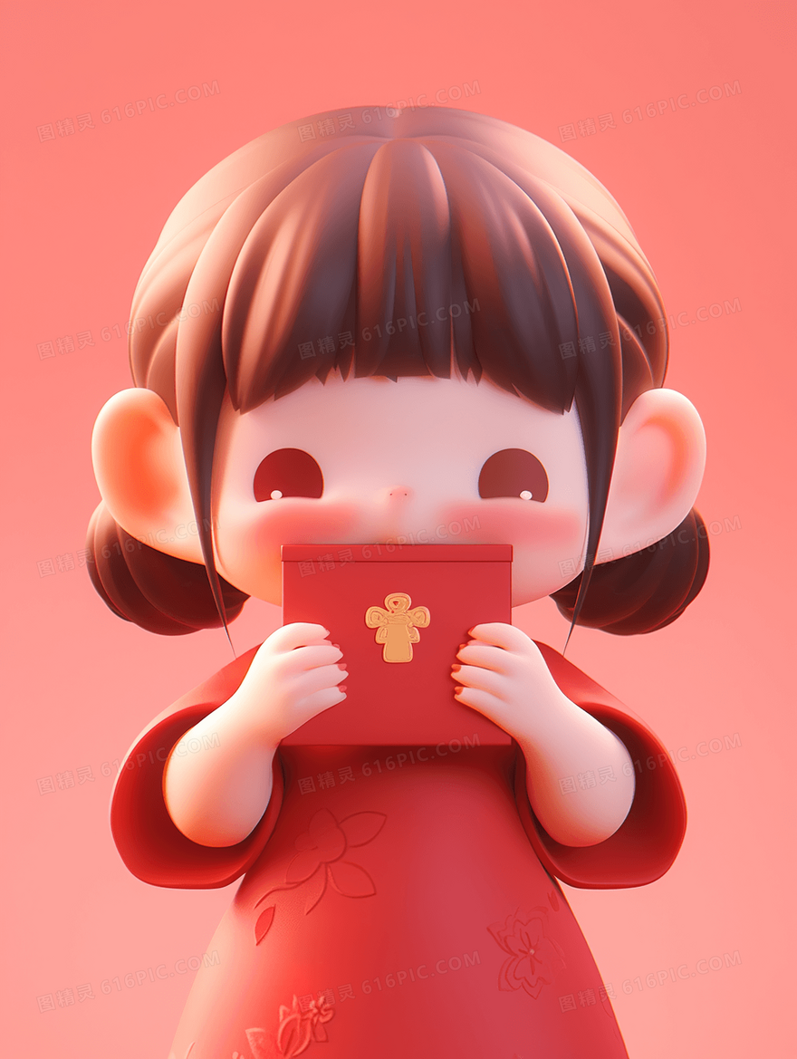 可爱3D小女孩春节收红包插画