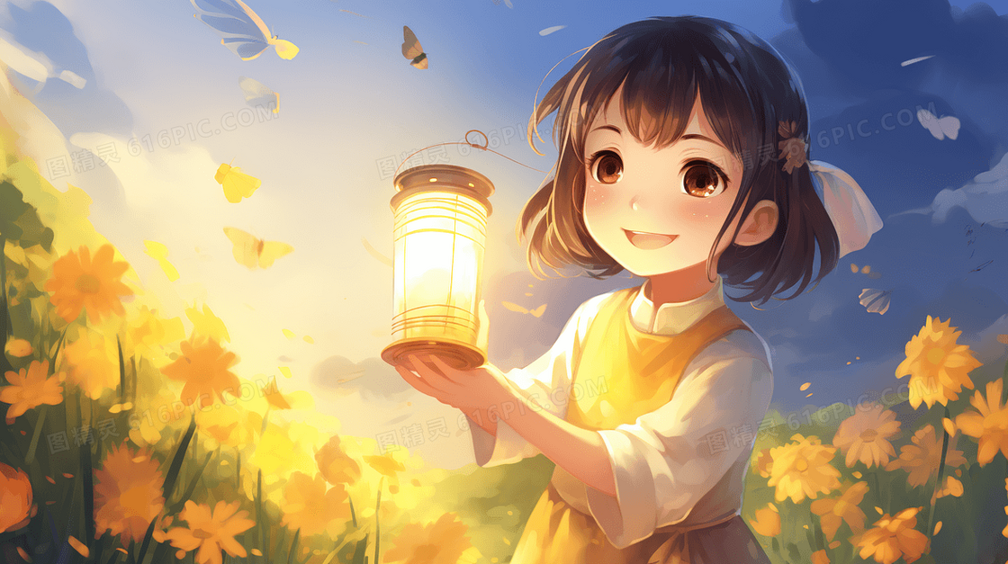 花丛中举着灯笼的微笑女孩插画