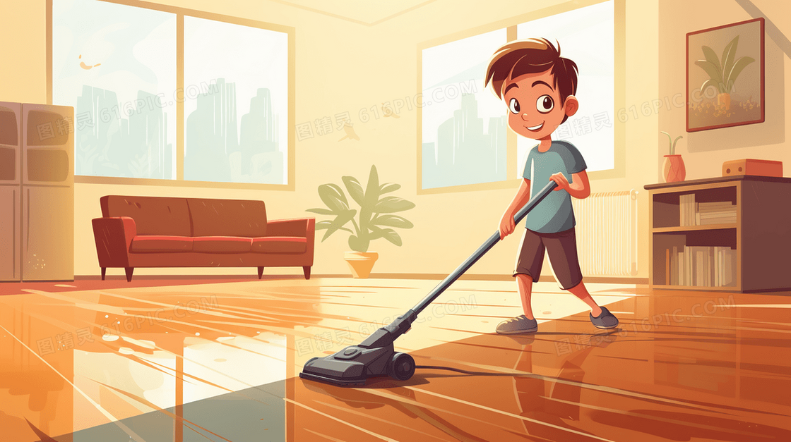 假期在家里打扫卫生做家务拖地扫地插画