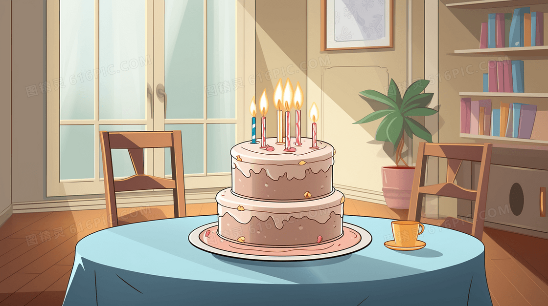 卡通造型生日蛋糕过生日插画