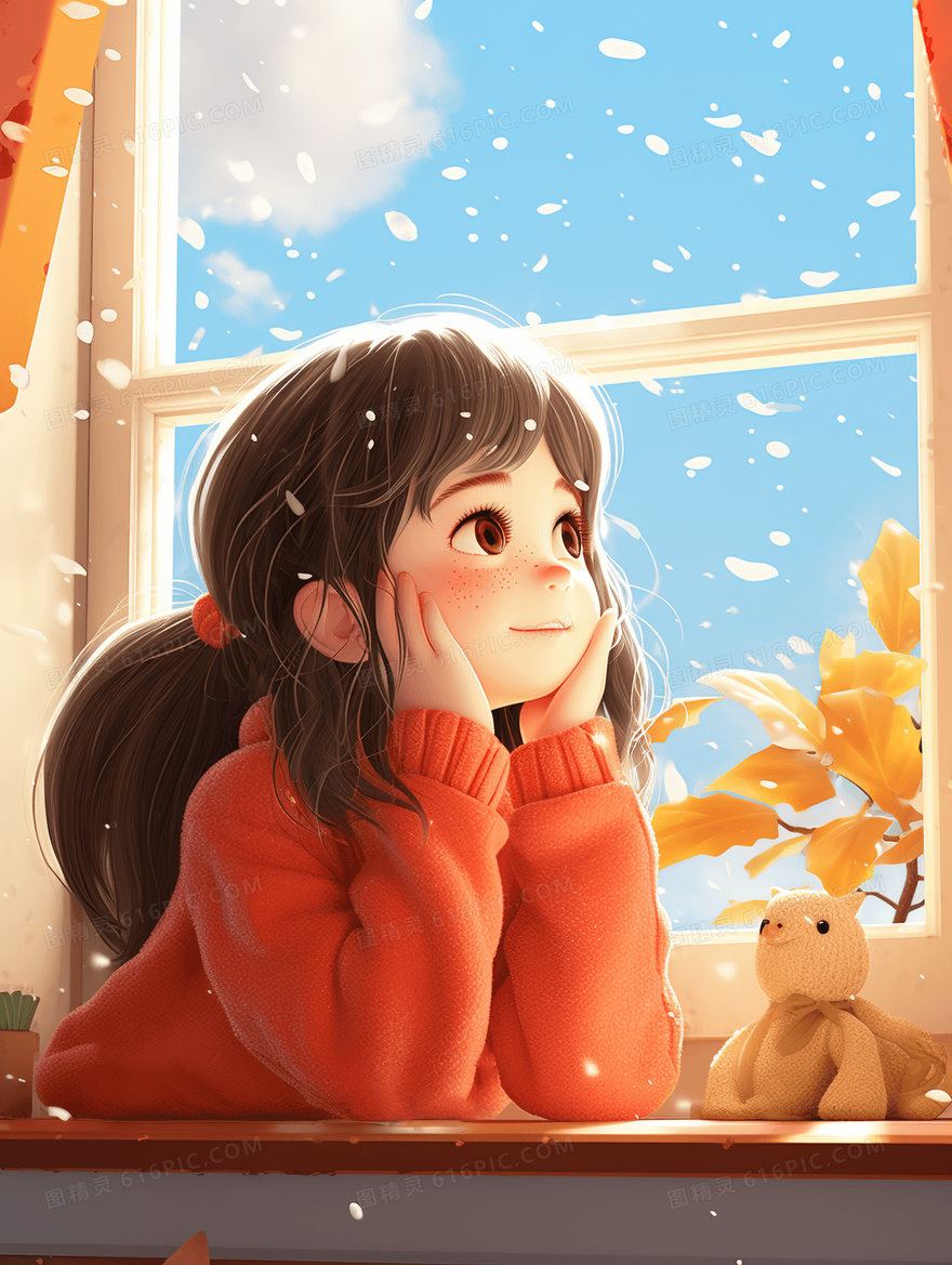 霜降节气阳台上思考的小女孩插画