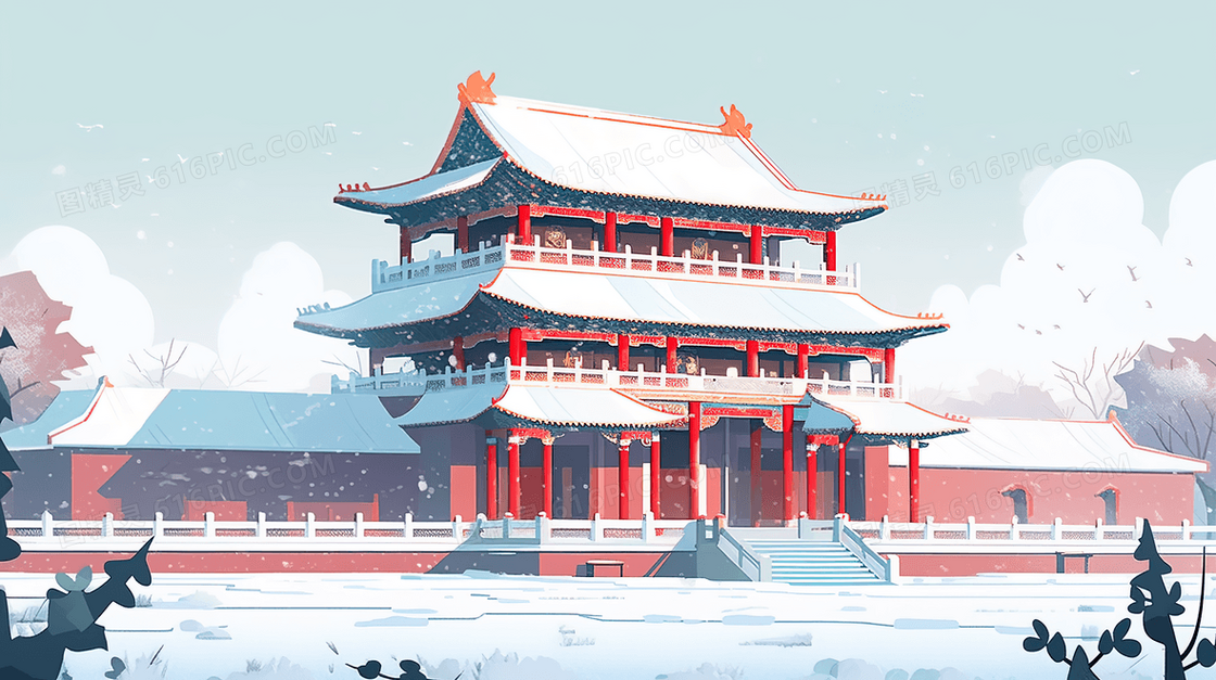 雪天里的中国古典建筑楼阁风景插画