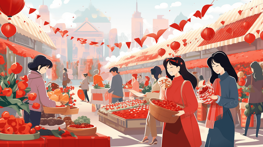 新年集市上办年货的女人插画