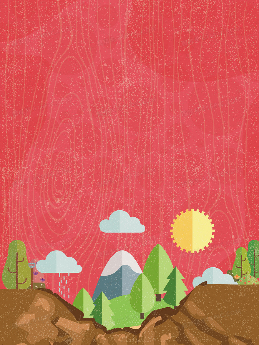 红色手绘插画底纹3.12植树节背景素材