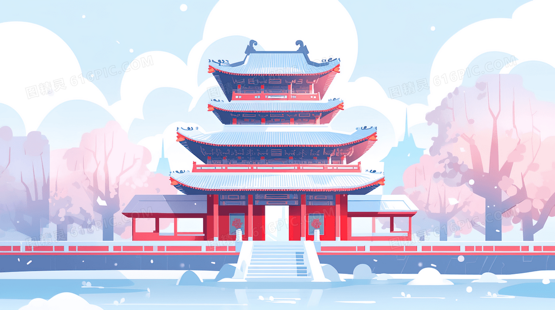 雪天里的中国古典建筑楼阁风景插画