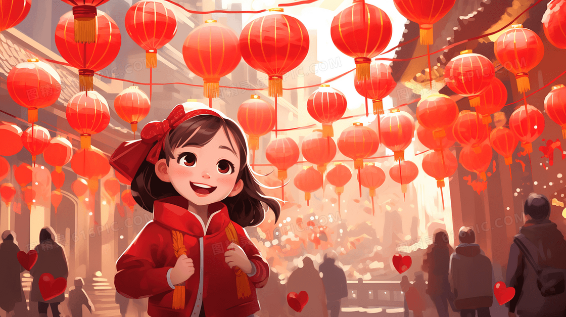春节庆典上游玩的女孩插画