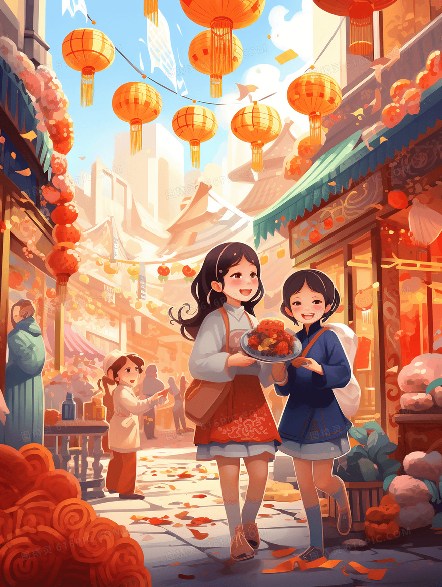 红色逛年货大街的女孩插画