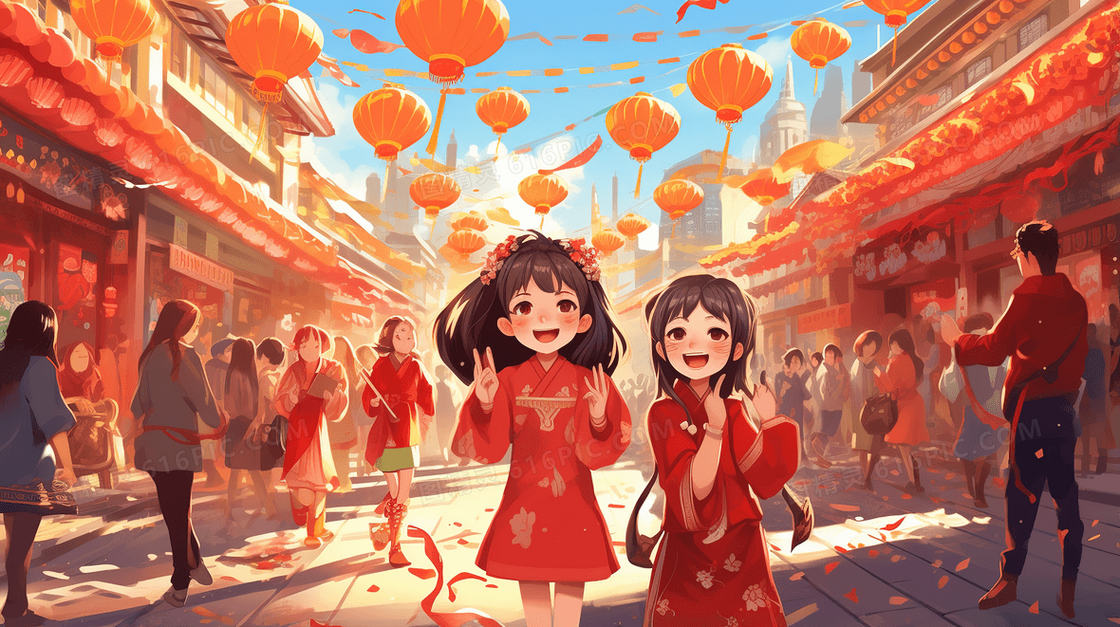 红色逛年货大街的女孩插画