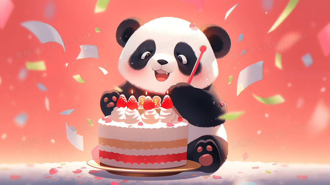抱着生日蛋糕的大熊猫宝宝插画