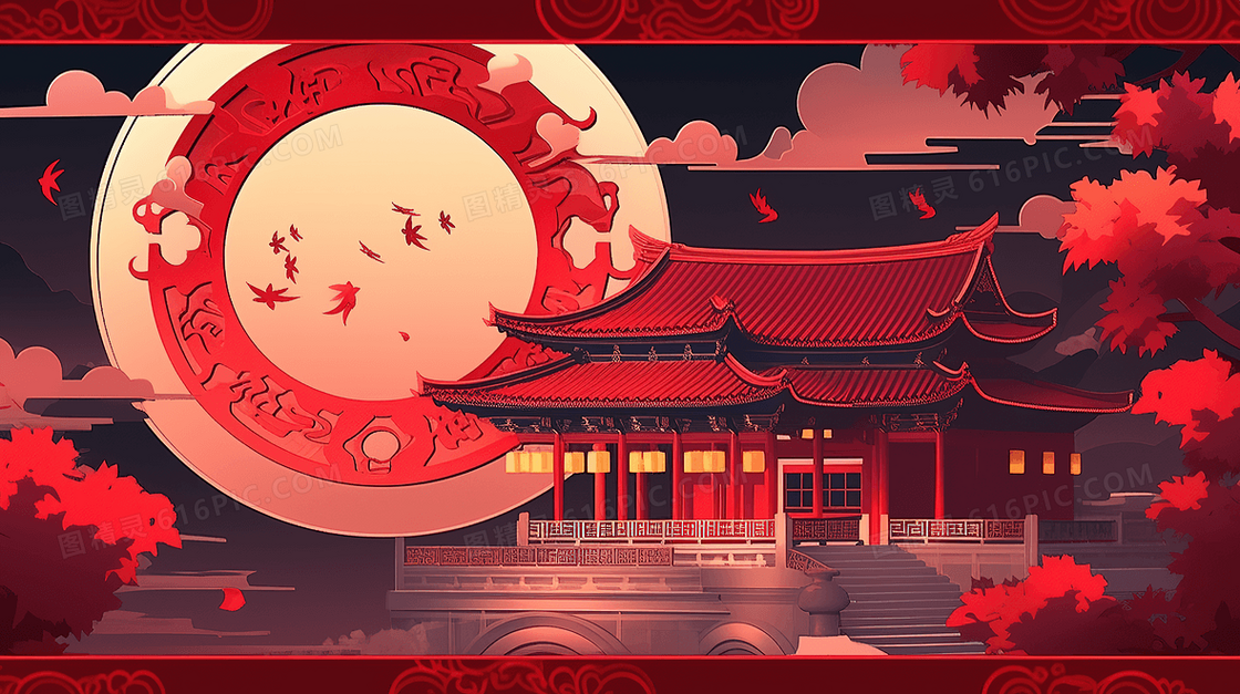 红色中式建筑剪纸风插画