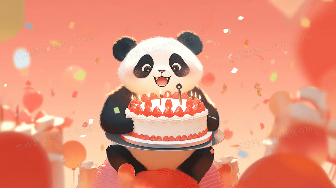 抱着生日蛋糕的大熊猫宝宝插画