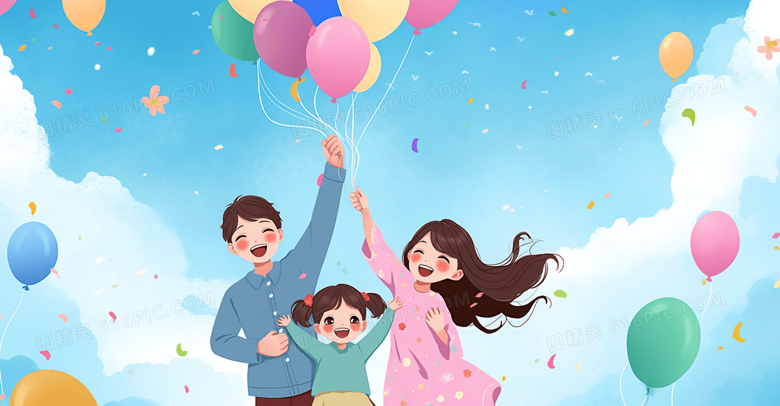 蓝天白云卡通可爱的一家人开心庆祝节日创意插画