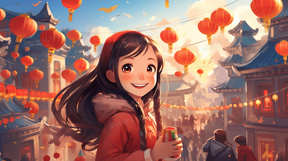 春节庆典上游玩的女孩插画