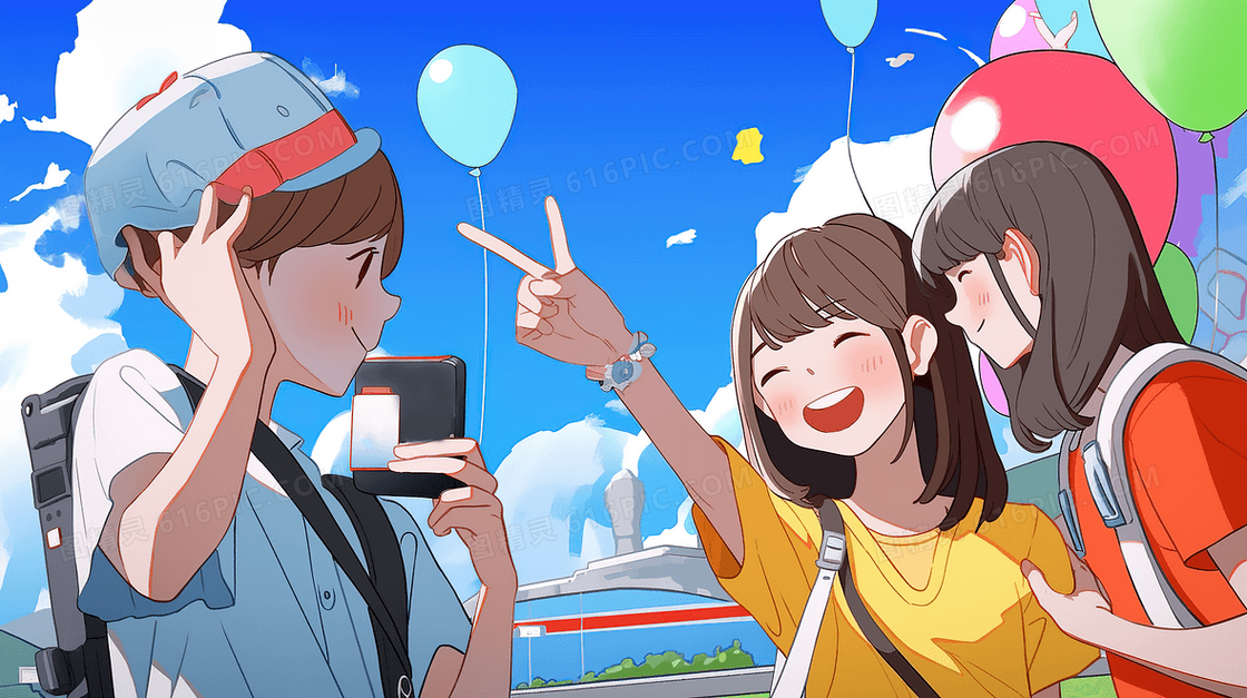 可爱的女生和朋友出去旅行在景点开心自拍创意插画