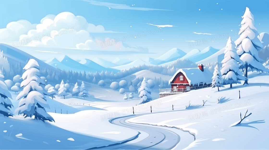 冬季雪景建筑房屋插画