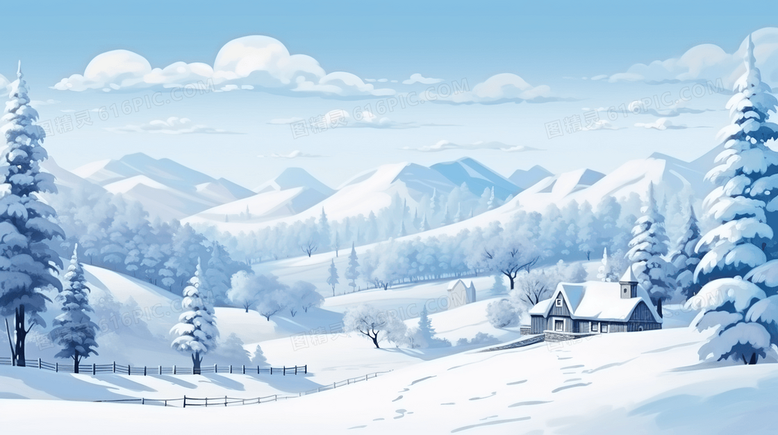 冬季雪景建筑房屋插画