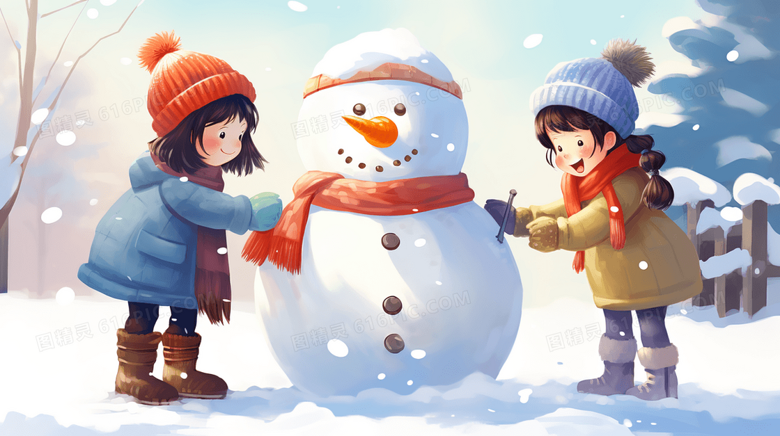 冬季堆雪人的孩子插画