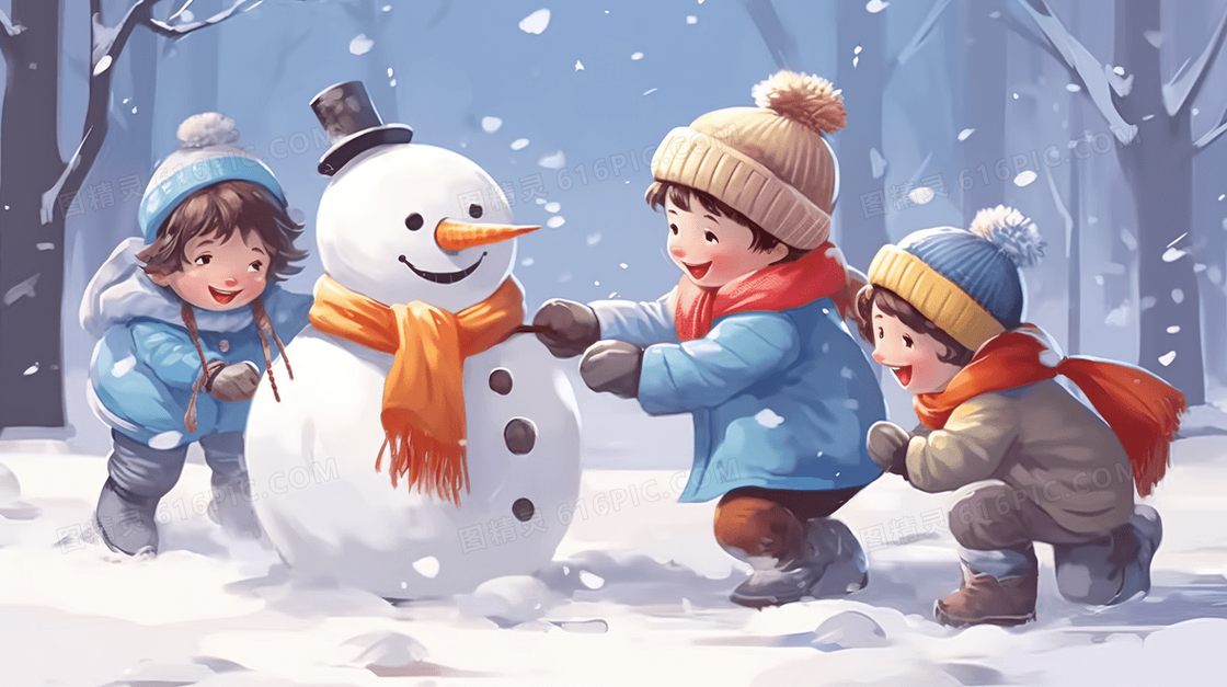 冬季堆雪人玩耍的孩子们插画