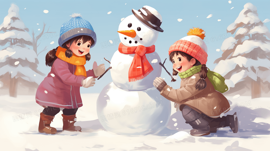 冬季堆雪人的孩子插画
