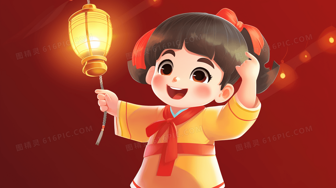 喜庆春节拿灯笼的孩子插画