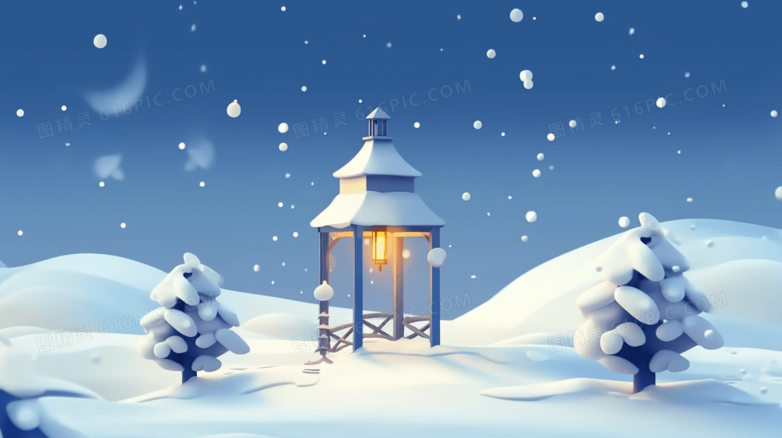 冬季雪地里的灯光插画