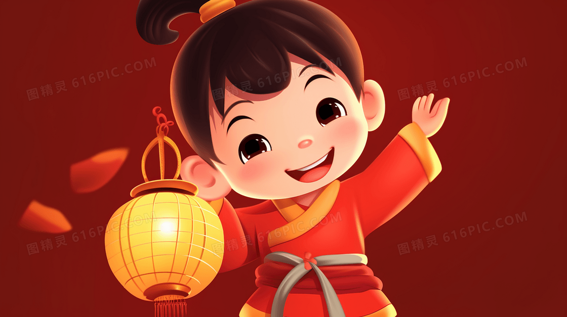喜庆春节拿灯笼的孩子插画