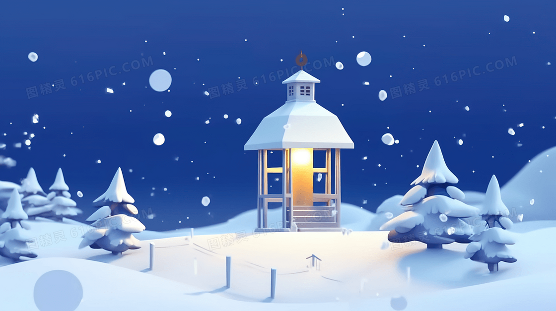 冬季雪地里的灯光插画