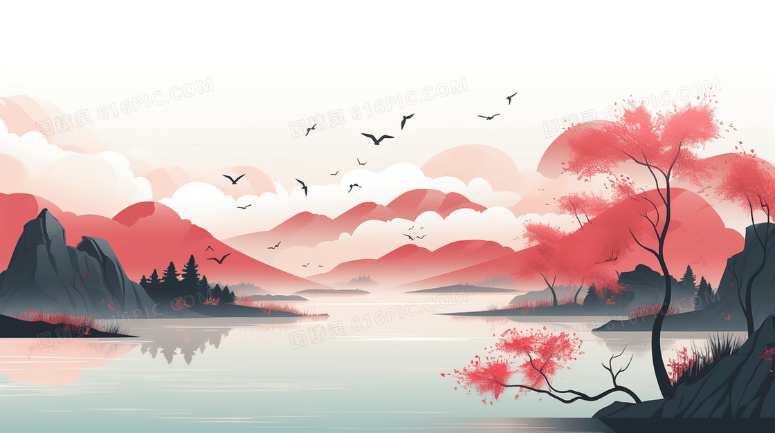 中国风古典山水风景插画