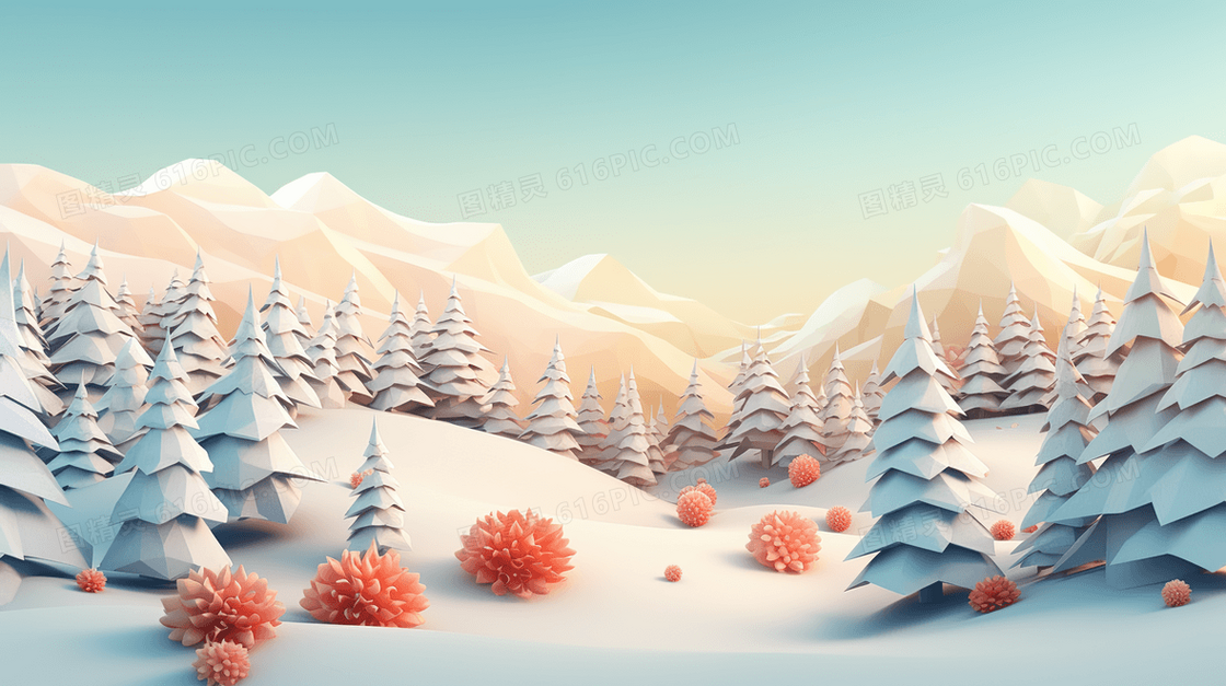 冬季3D立体松树风景插画