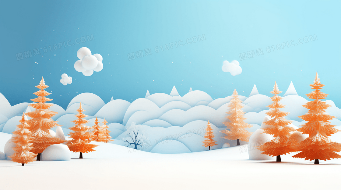 冬季3D立体松树风景插画