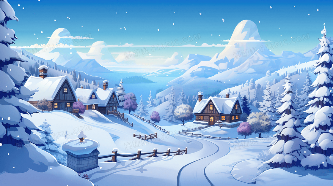 冬季雪景松树风景插画