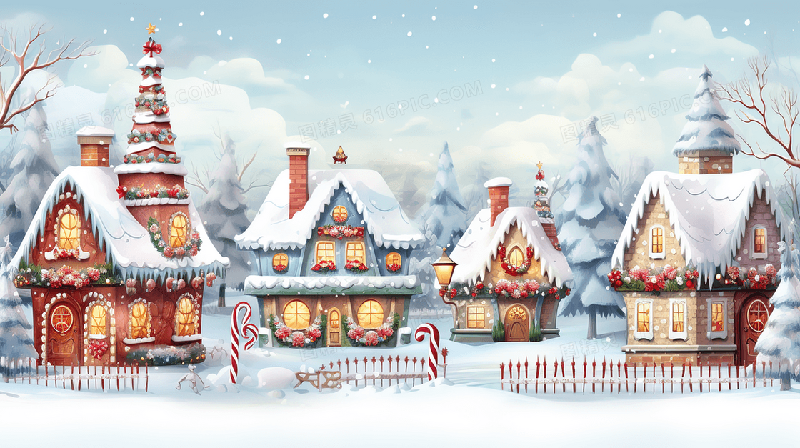 冬季圣诞节建筑房屋雪景插画
