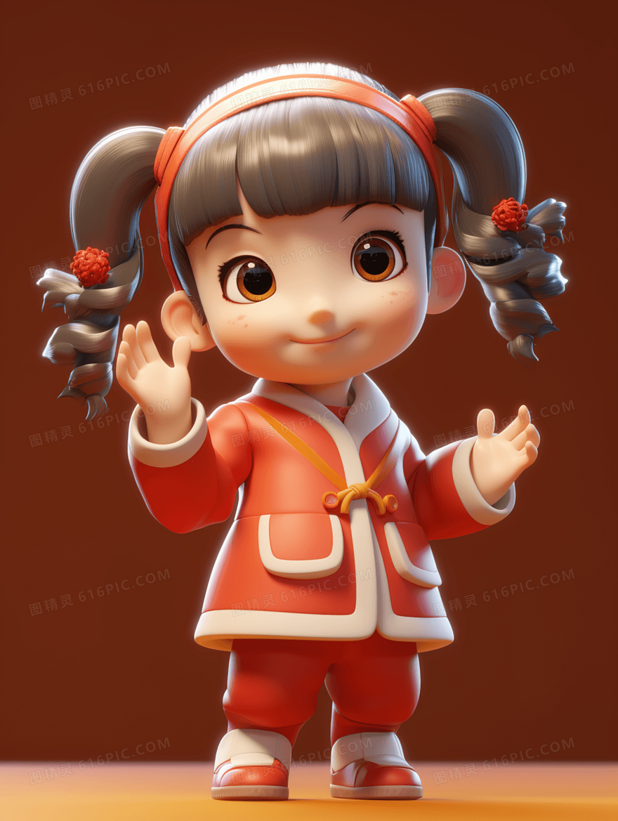 3D立体穿新衣的小姑娘插画