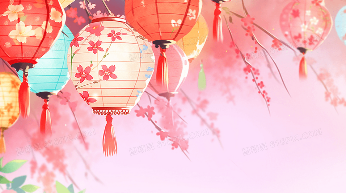 中国新年鲜花彩灯灯笼装饰插画