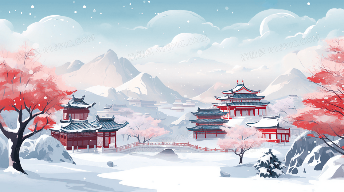冬季中国风雪景插画