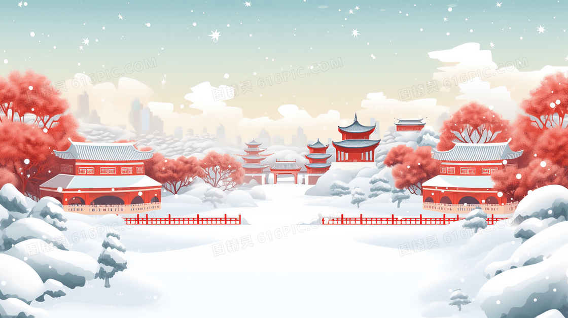 冬季中国风雪景插画