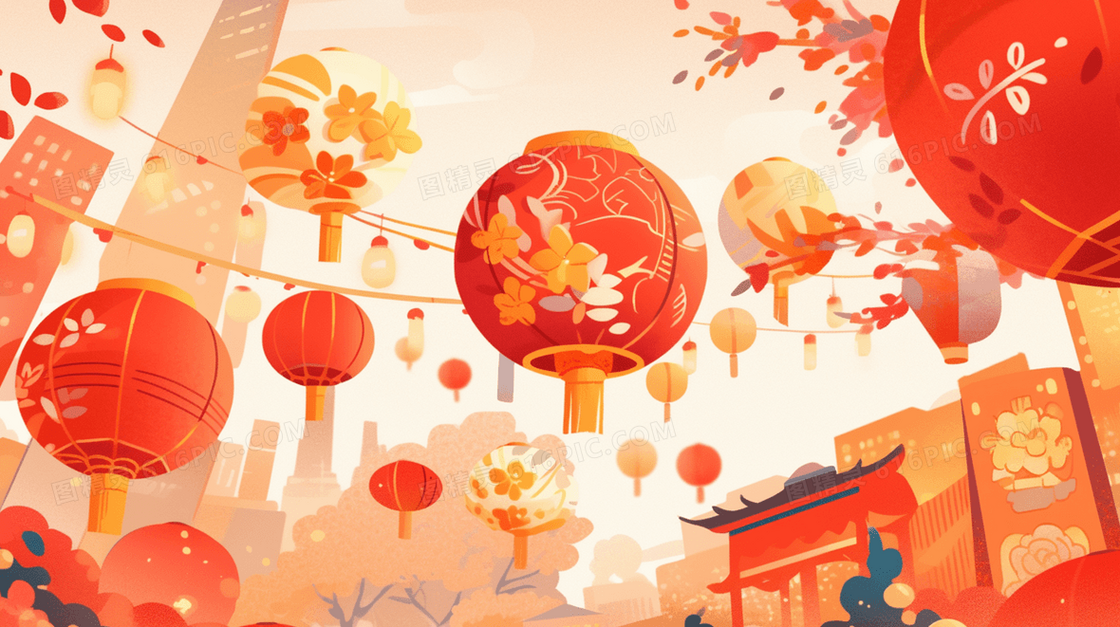 中国新年鲜花彩灯灯笼装饰插画