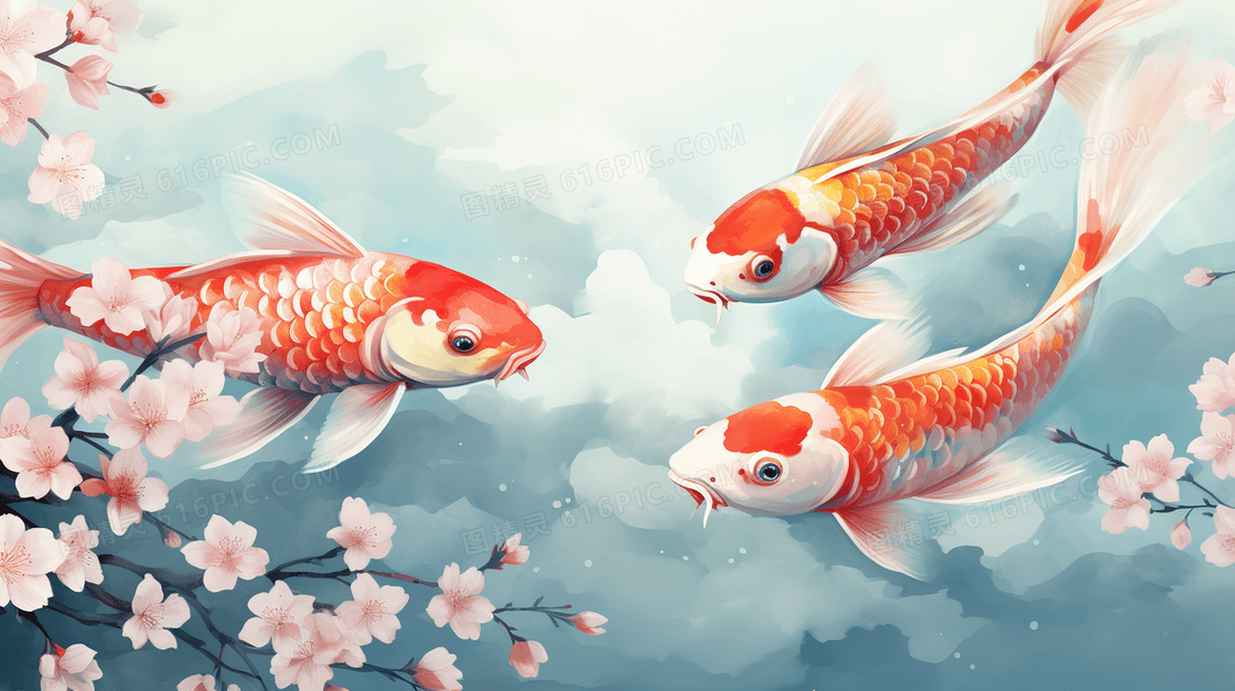 水中的鲜花和锦鲤工笔插画