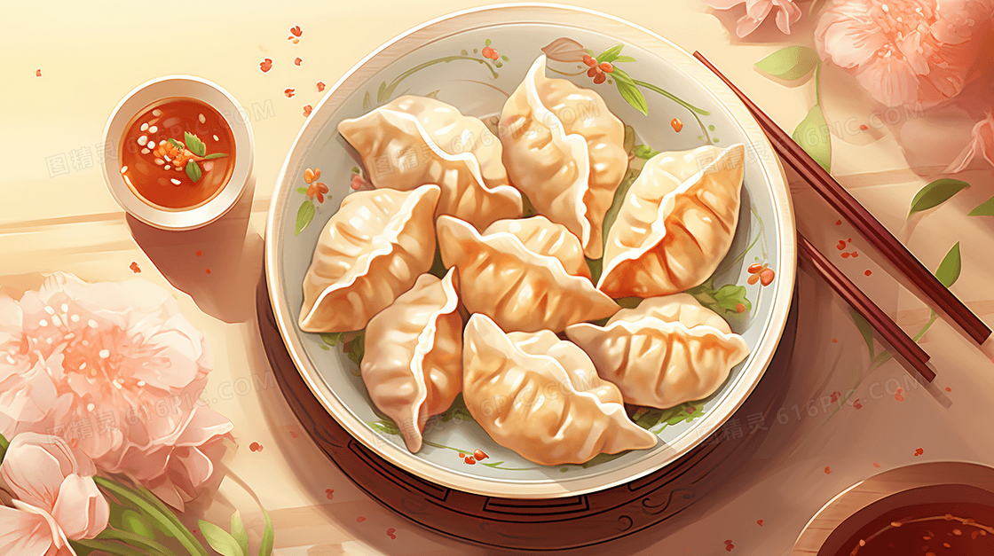桌子上一盘美味的饺子插画
