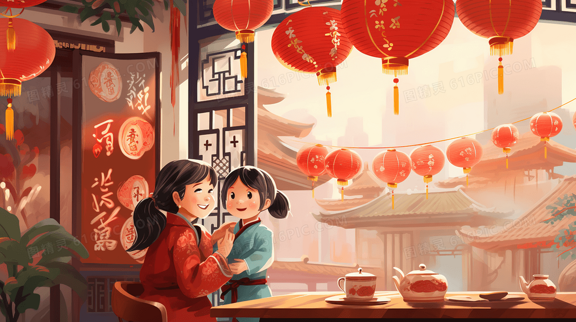 在家庆祝春节的小孩插画