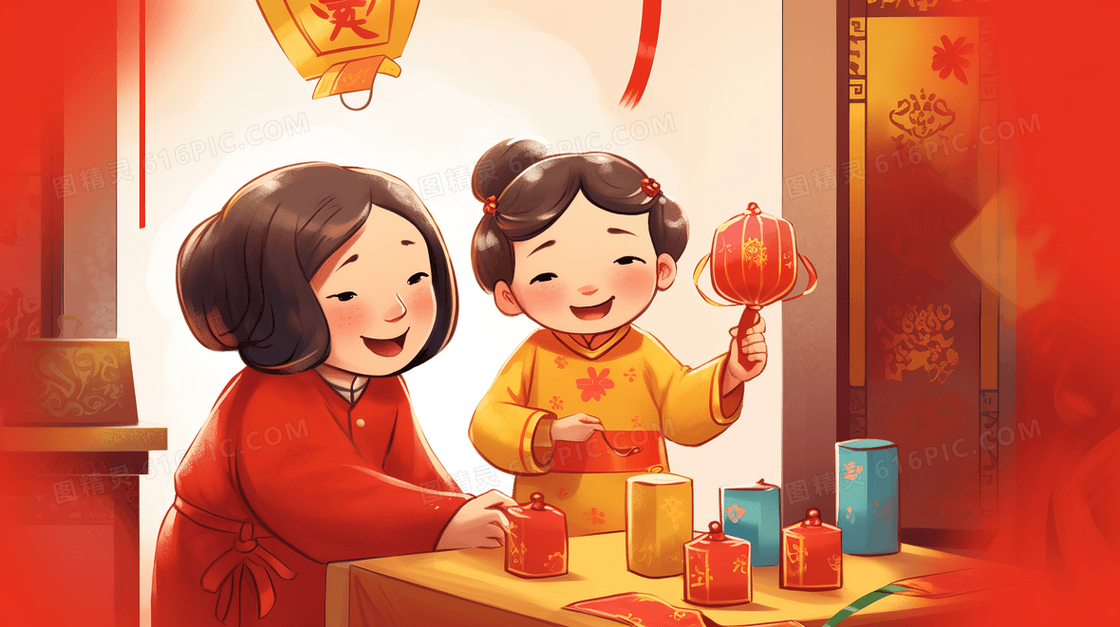 在家庆祝春节的小孩插画