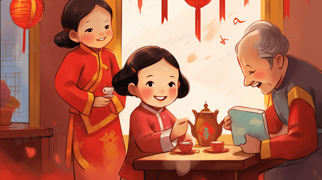 春节回家探望老人插画