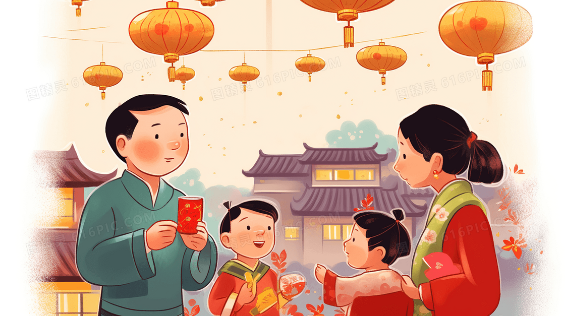 中国新年探访亲朋小孩收红包插画