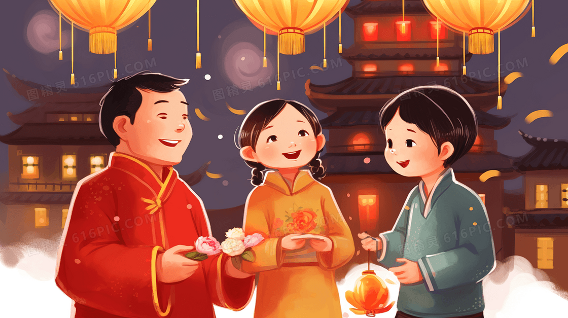 小孩在春节里收到长辈的红包插画
