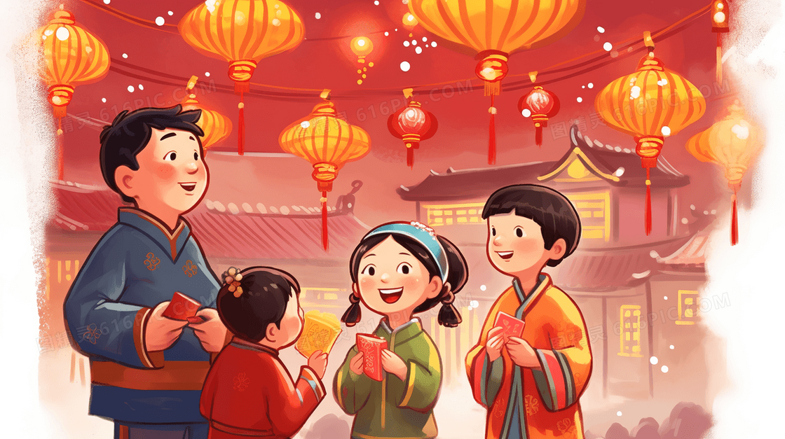 中国新年探访亲朋小孩收红包插画