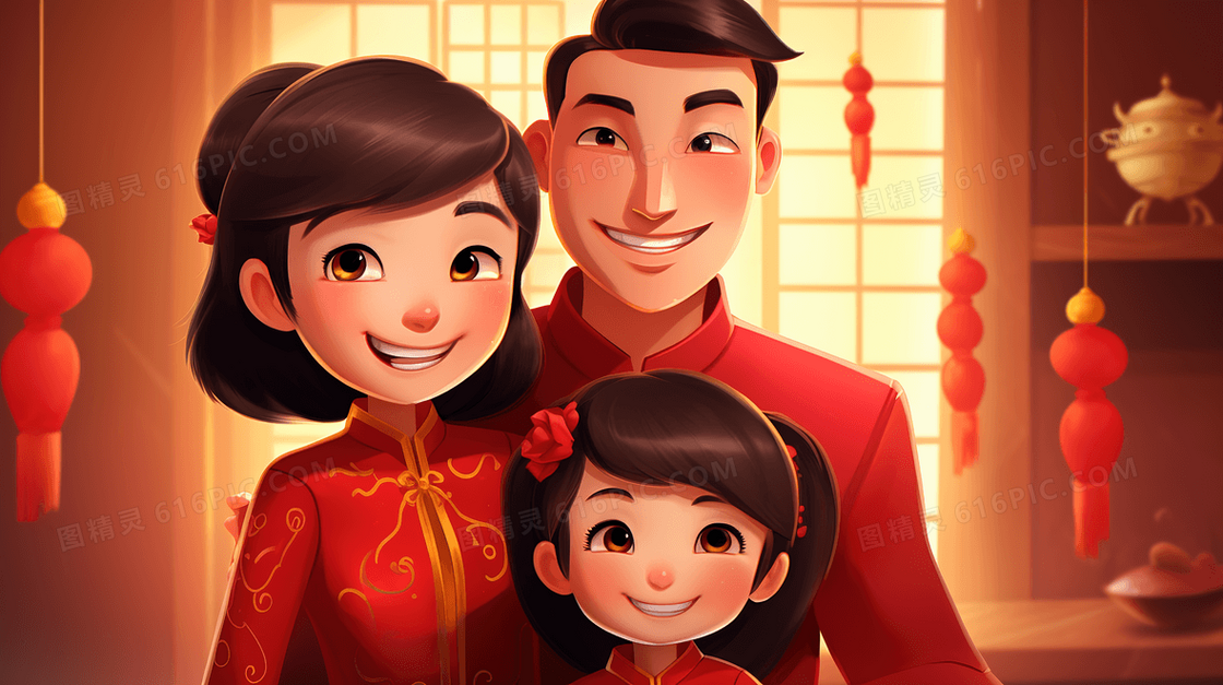 新年庆典里的温馨家庭插画